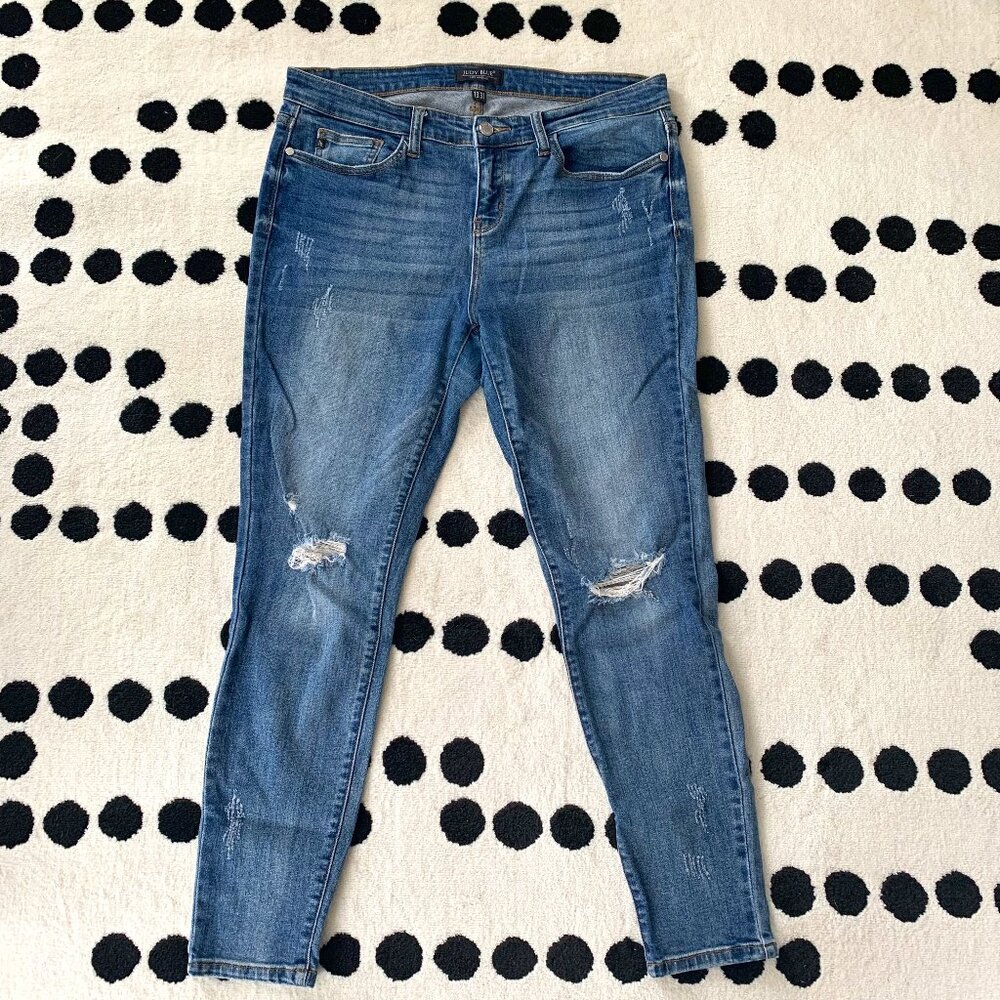 Judy Blue Mid Rise Dark Wash Distressed Stretch Denim Skinny Jeans